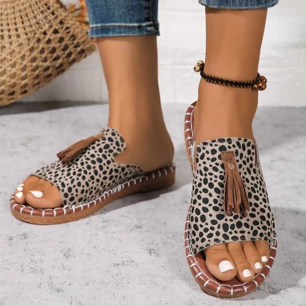 Leopard Print Tassel Flat Sandals, image 20