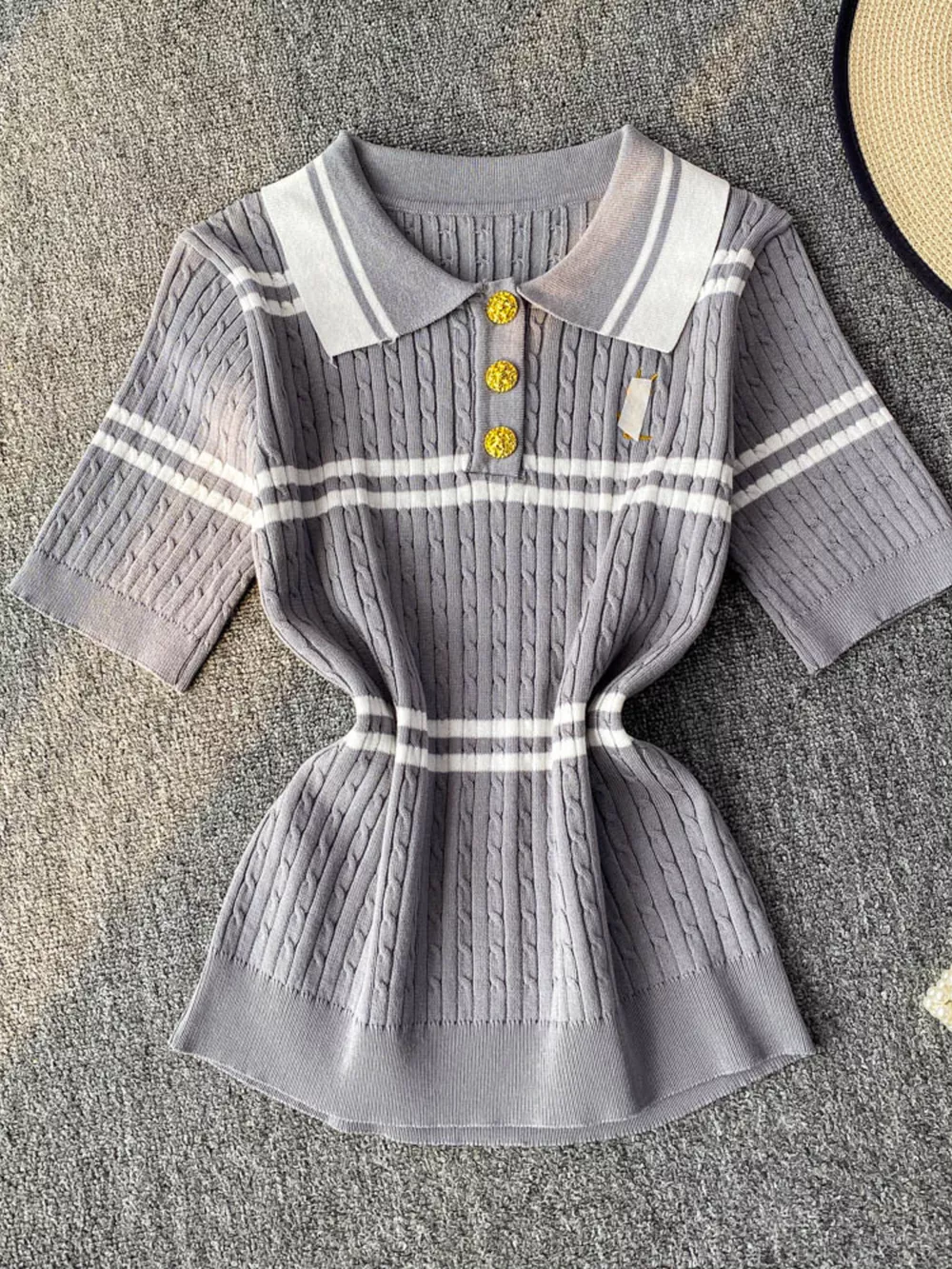 Striped Knit Polo Collar Top, image 9