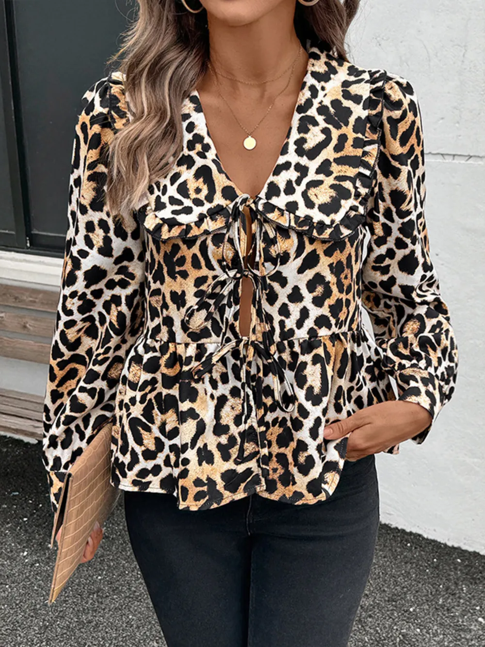 Leopard Print Tie Front Blouse, image 2
