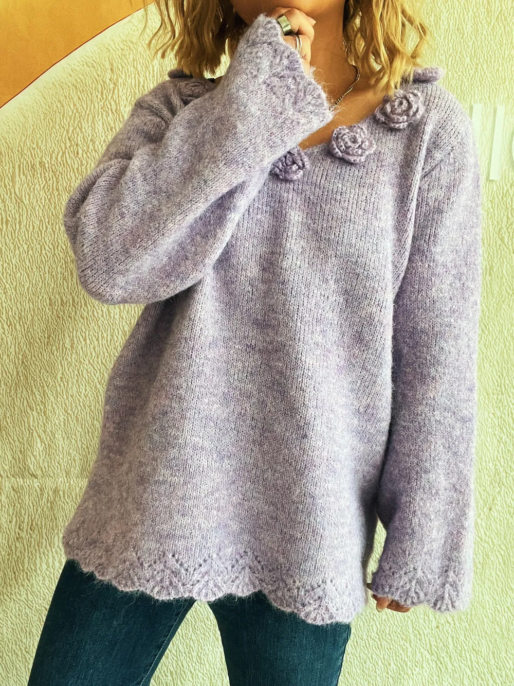 Flower V-Neck Long Sleeve Sweater, image 21