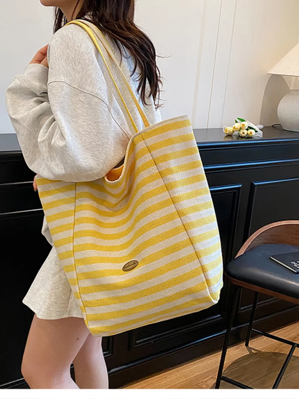 Striped Canvas Tote Bag, image 8