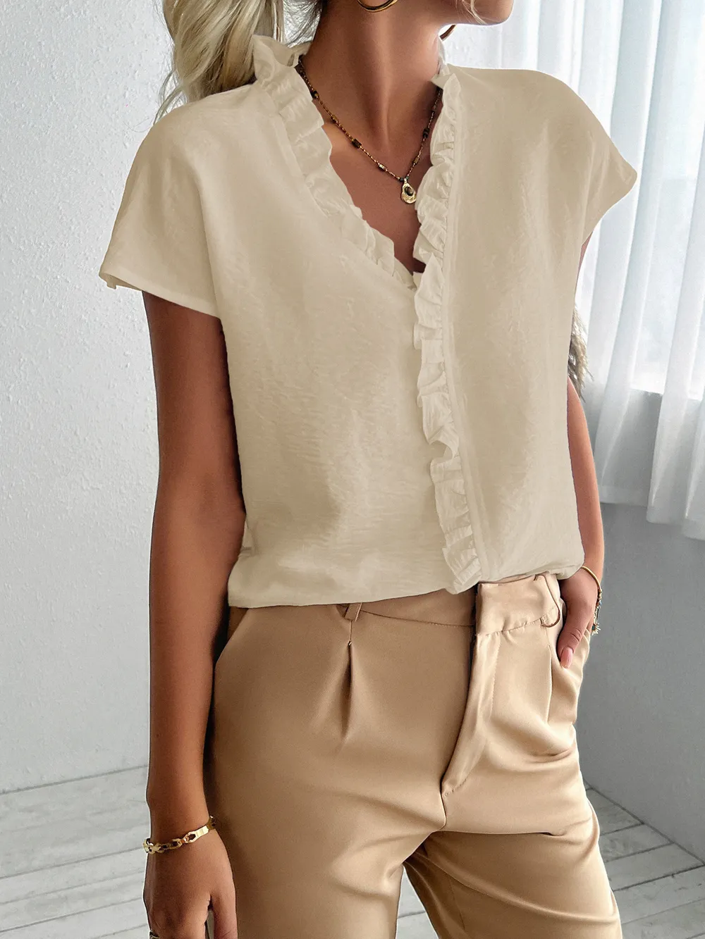Ruffled V-Neck Short Sleeve Blouse, image 9