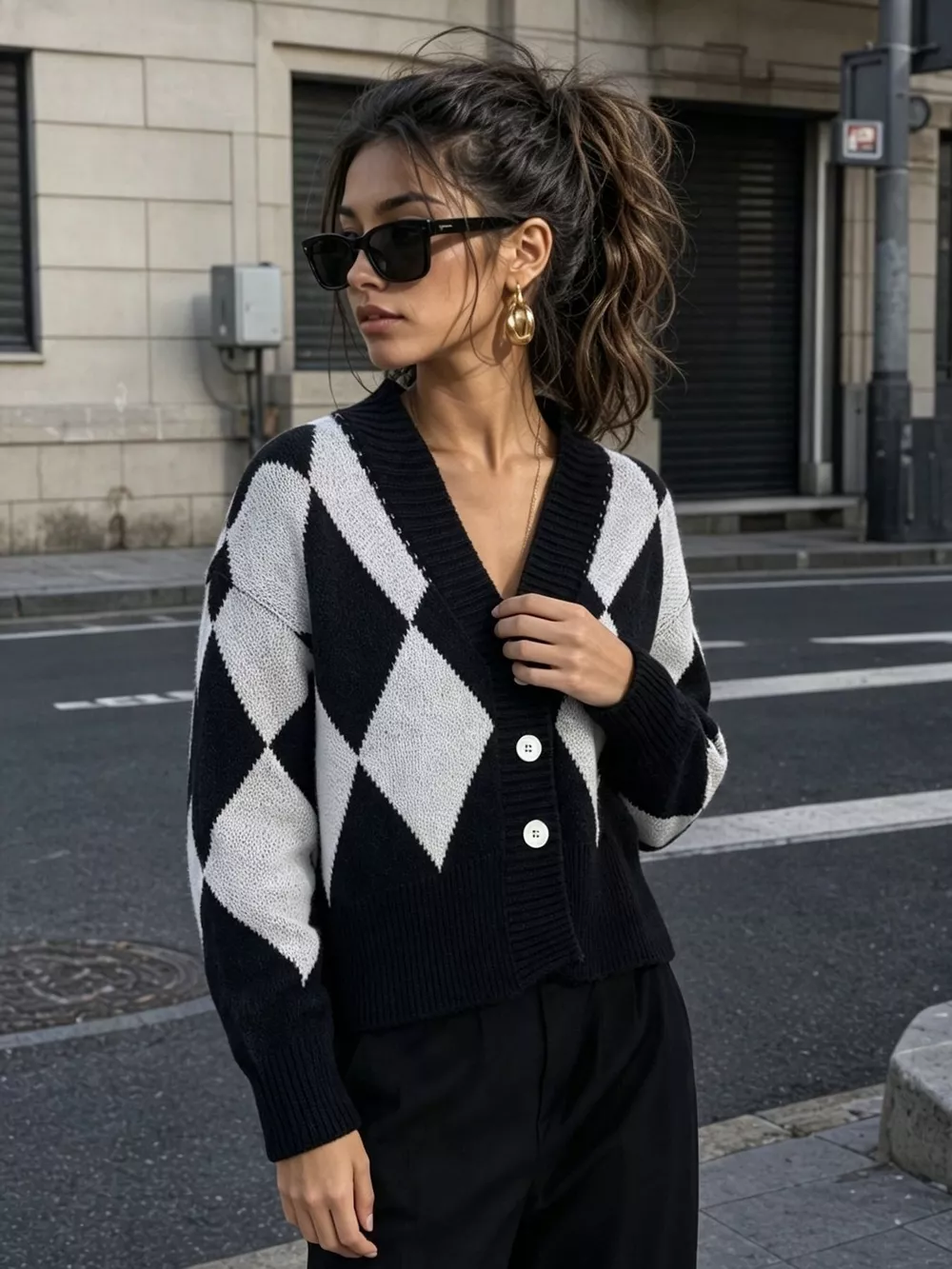 Argyle Pattern V-Neck Button-Down Cardigan