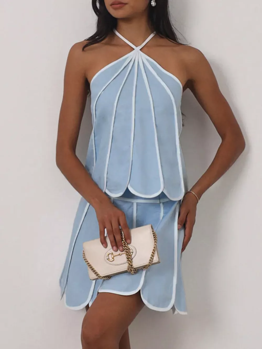 Contrast Trim Halter Neck Top and Skirt Set, image 3