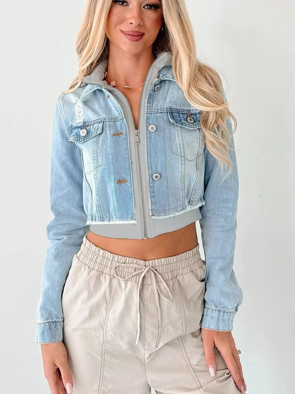 Distressed Zip Up Cropped Hooded Denim Jacket, image 15