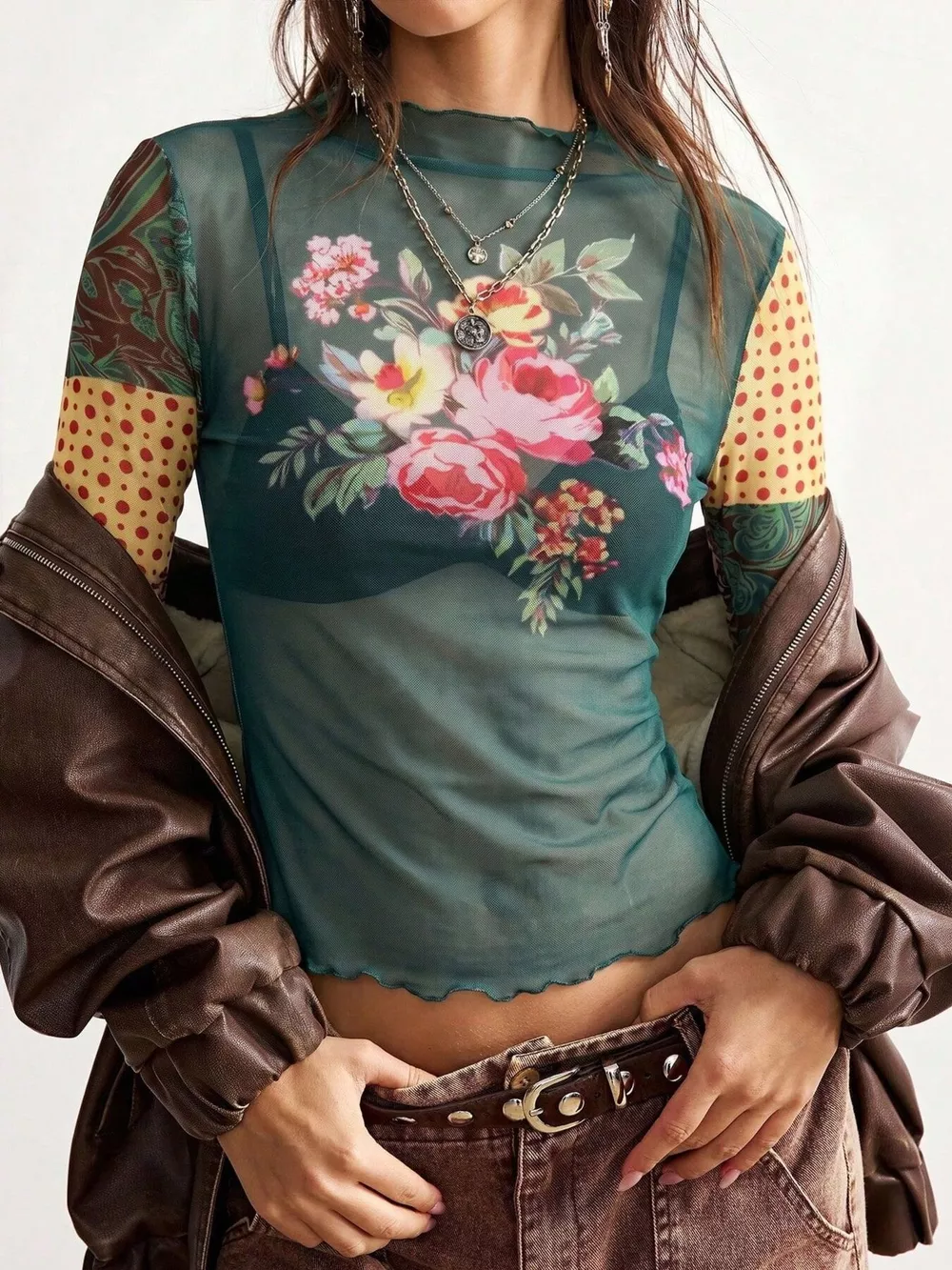 Floral Print Mesh Mock Neck Long Sleeve Top, image 7