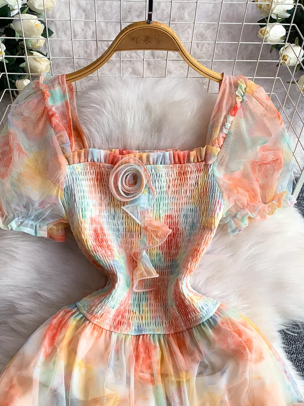 Smocked Floral Tiered Mesh Midi Dress, image 3