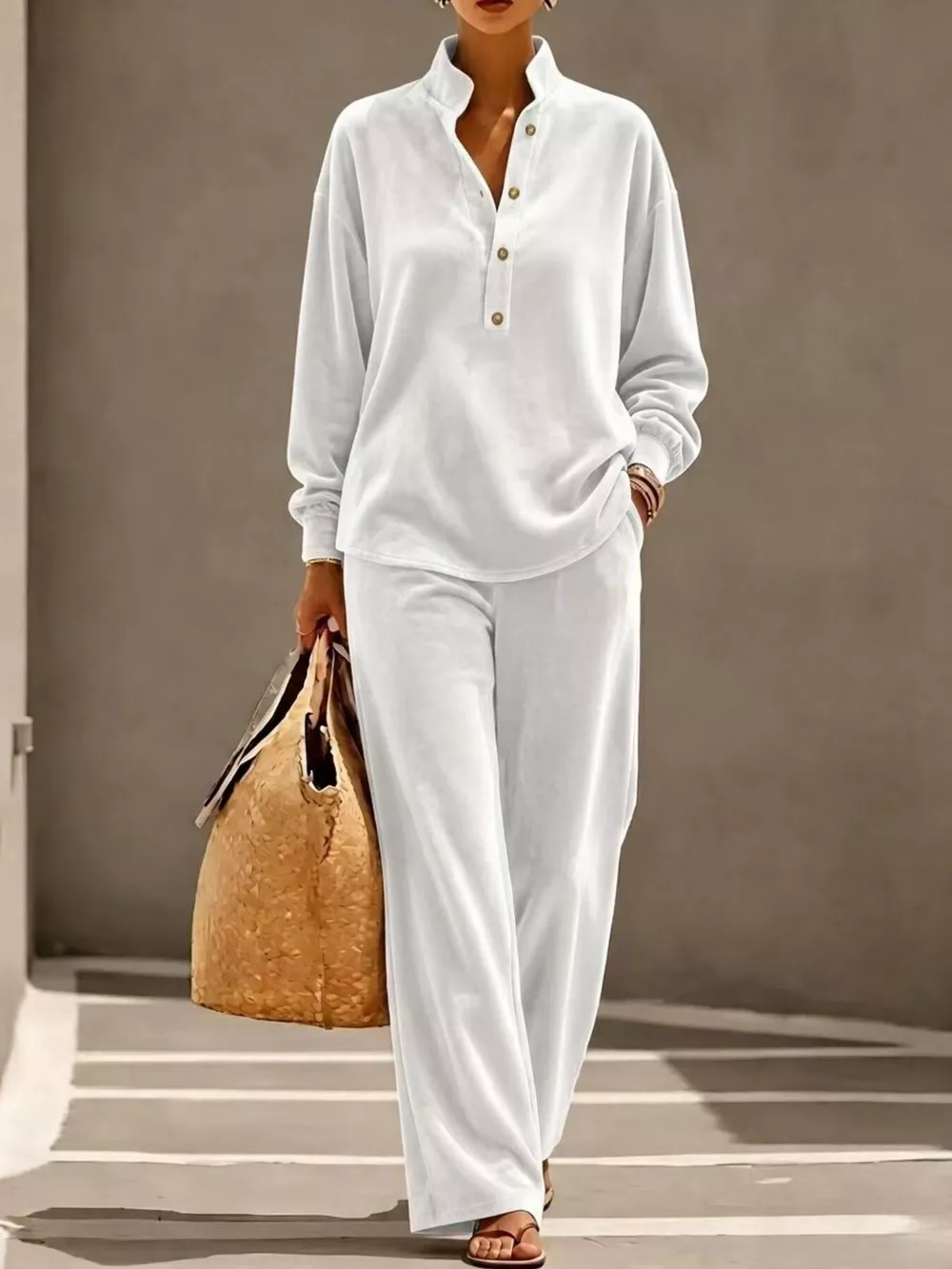 Full Size Half Button Top and Wide Leg Pants Set Plus Size, image 15