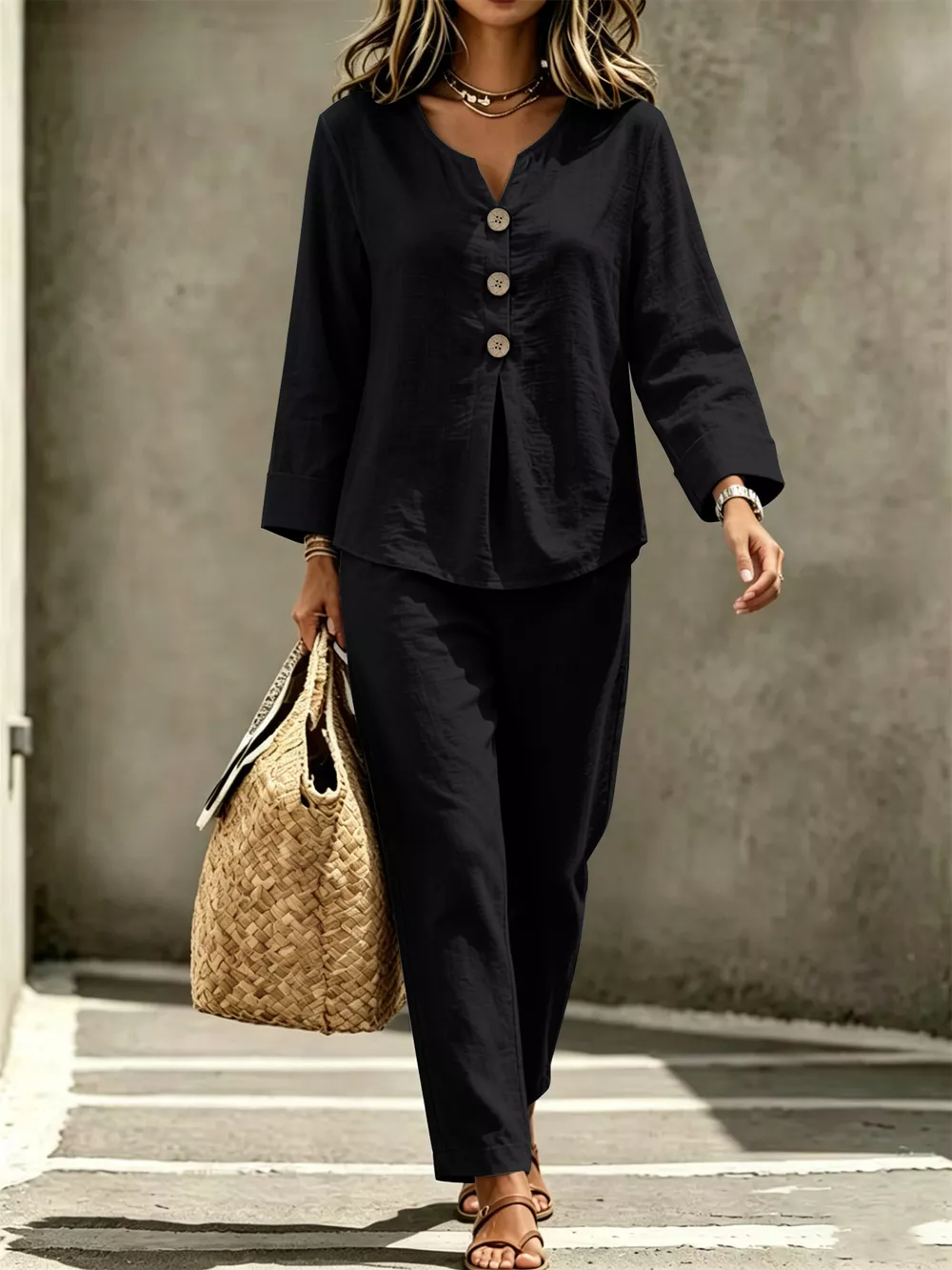 Button Detail Long Sleeve Top and Pants Set, image 9