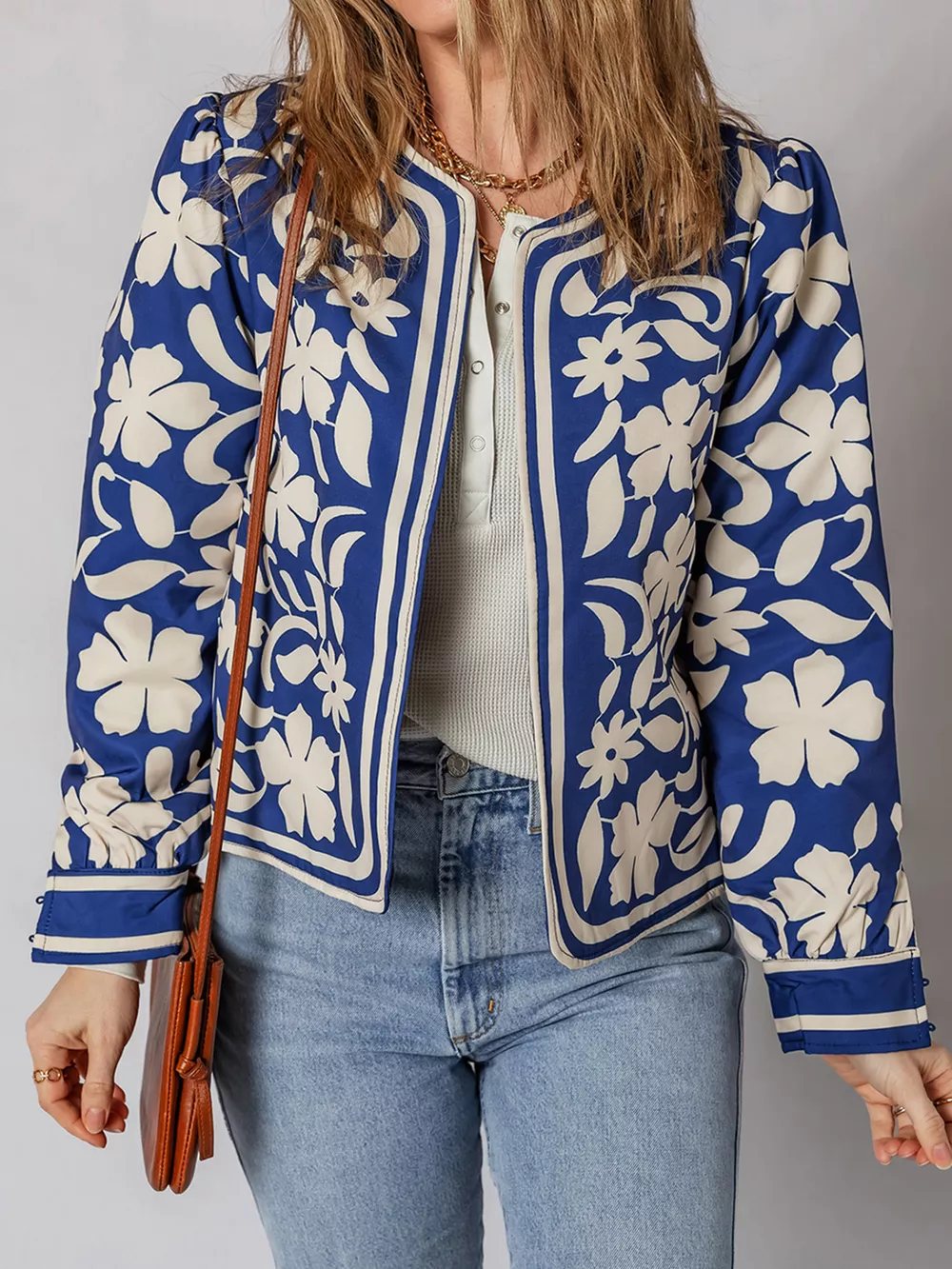 Flower Print Open Front Buttoned Cuffs Elegant Jacket, image 7