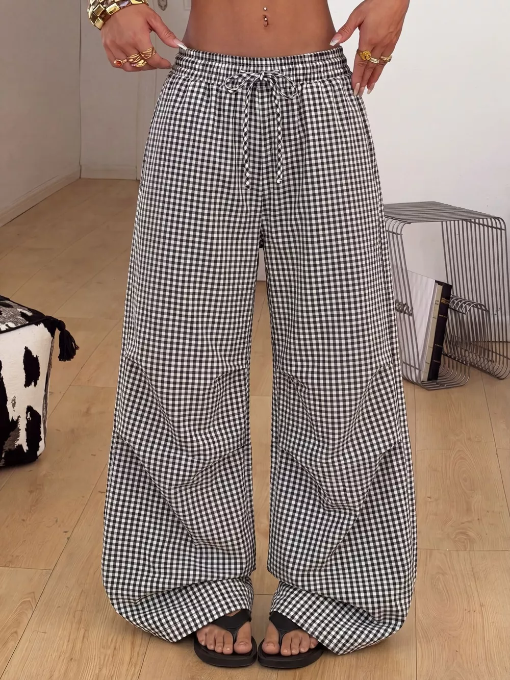 High-Waisted Gingham Wide-Leg Drawstring Pants, image 11