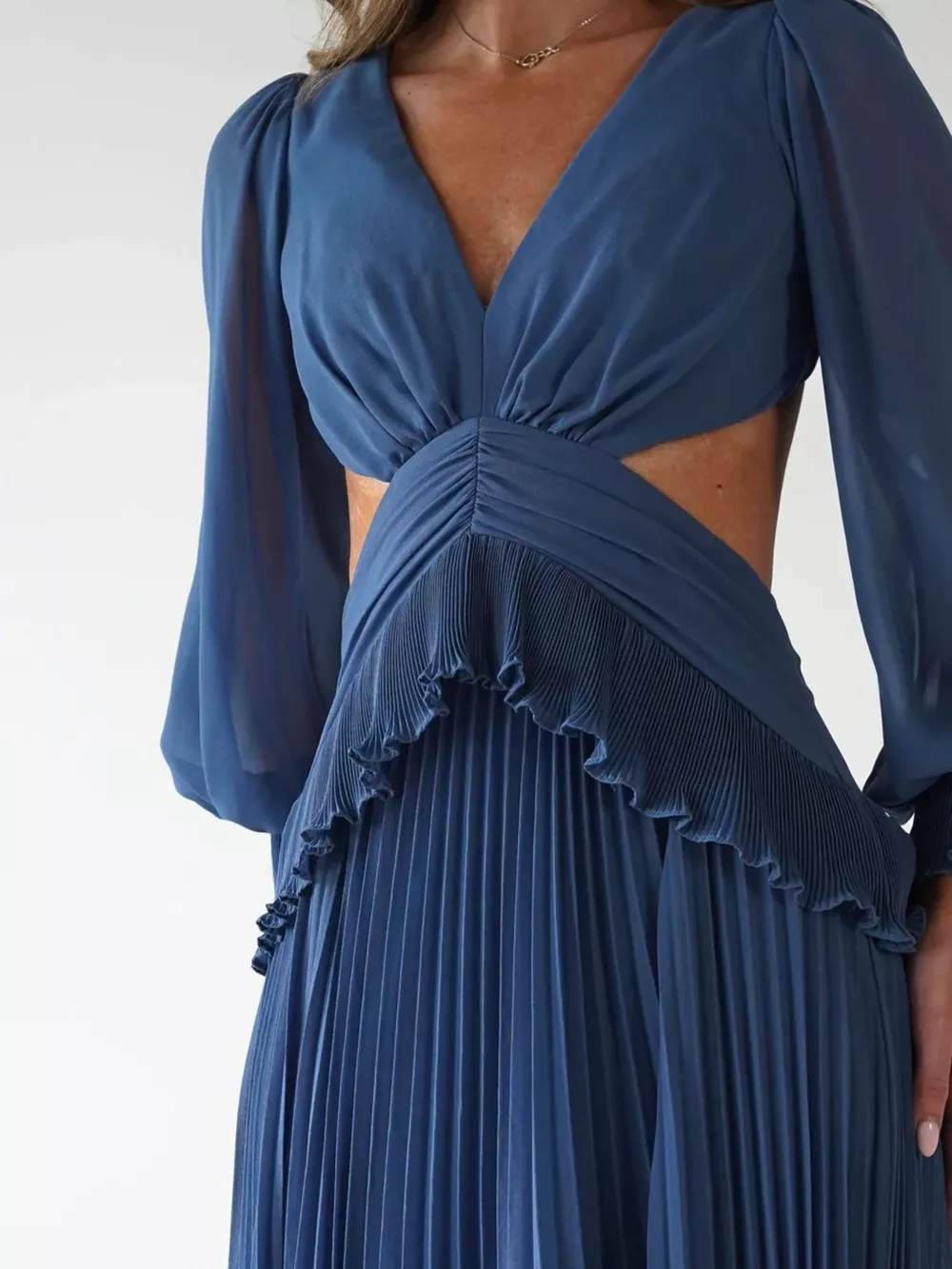 Backless Pleated Long Sleeve Maxi Dress, image 14