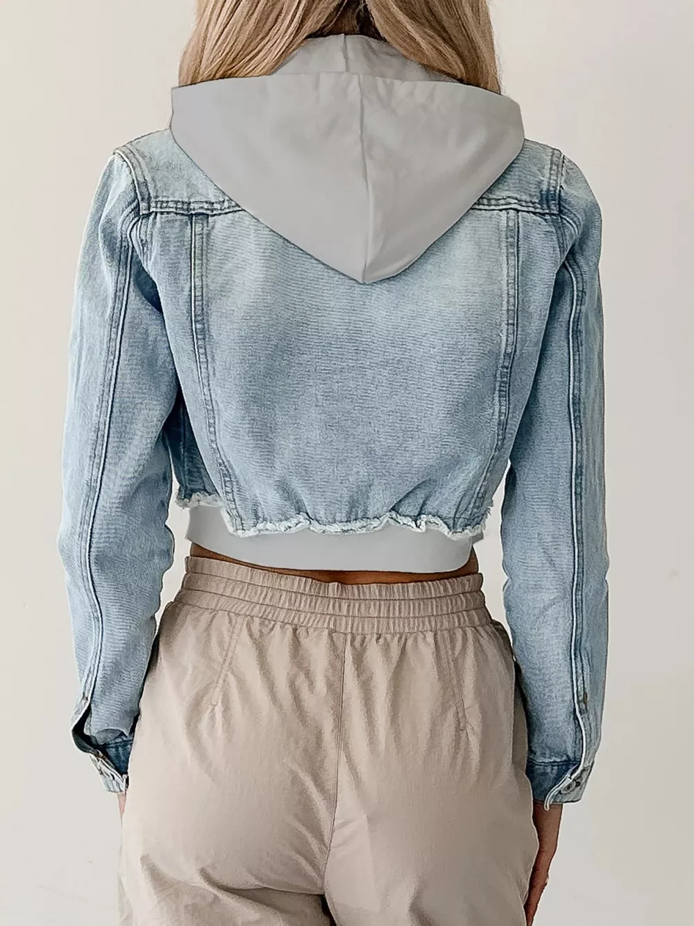 Distressed Zip Up Cropped Hooded Denim Jacket, image 16