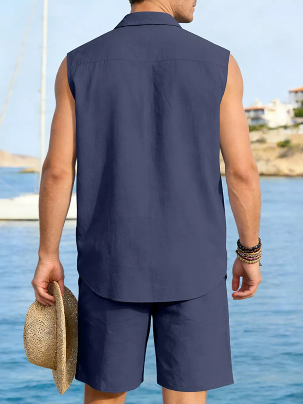 Men's Full Size Button Up Sleeveless Top and Shorts Plus Size, image 6
