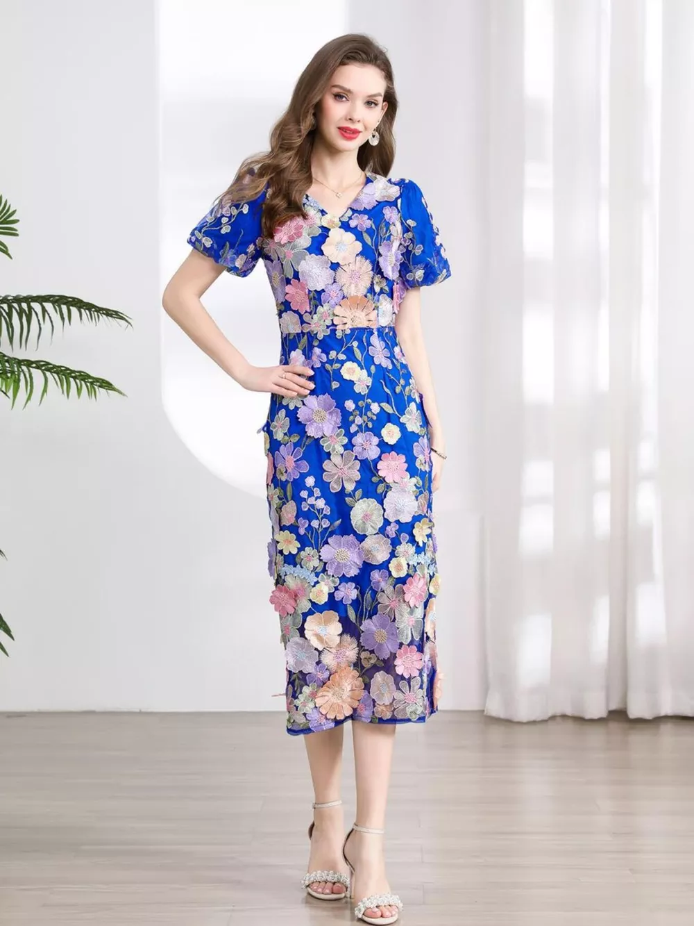 Floral Embroidered Puff Sleeve Midi Dress, image 20
