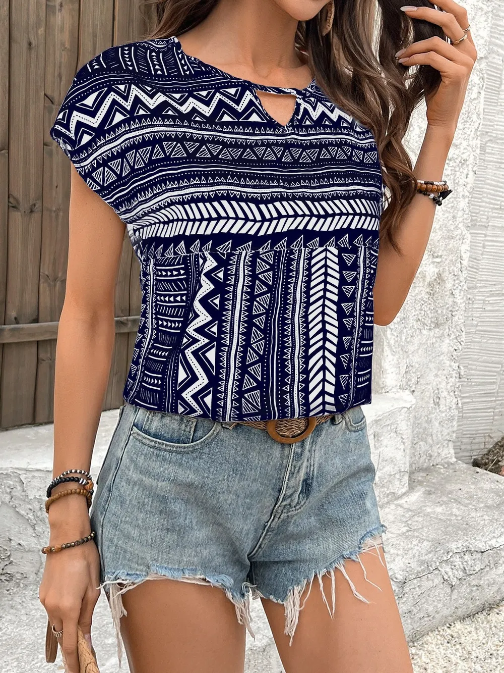 Geometric Print Short Sleeve Blouse, image 8