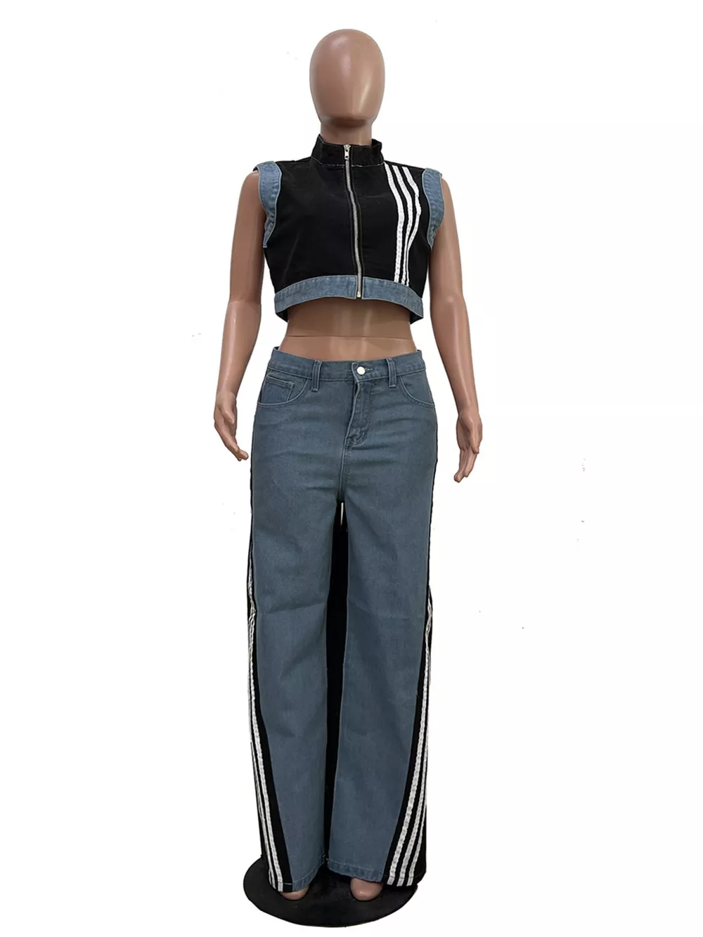 Zip Front Crop Top and Striped Pants Set, image 19