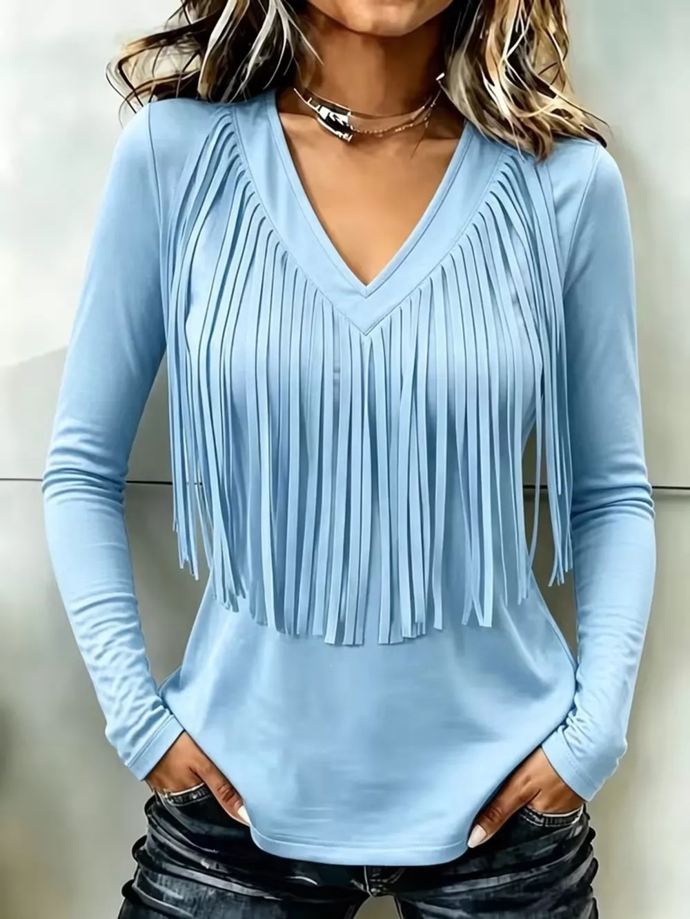 Fringe V-Neck Long Sleeve T-Shirt, image 9