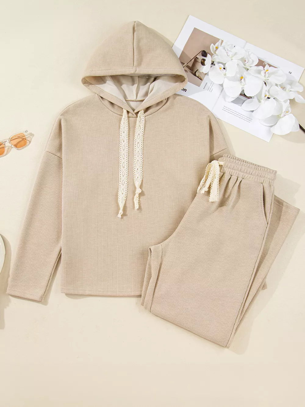 Lace Drawstring Hoodie and High Waist Pants Set, image 12