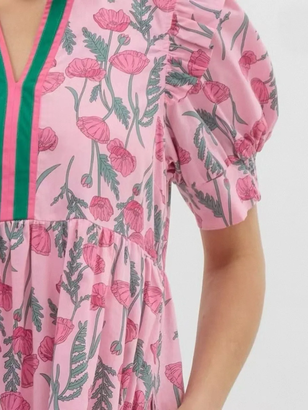 Floral Puff Sleeve Midi Dress with Contrast Trim, image 5