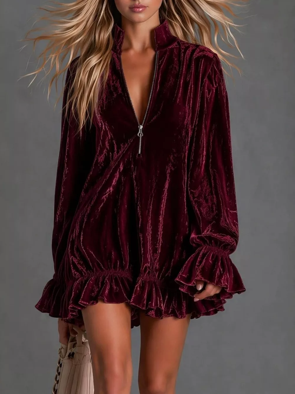 Full Size Zip-Front Ruffle Hem Mini Dress Plus Size, image 5