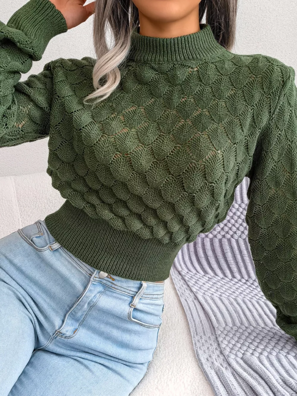 Mock Neck Textured Cropped Sweater, image 16