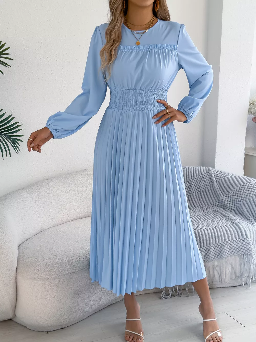 Smocked Pleated Long Sleeve Midi Dress, image 14