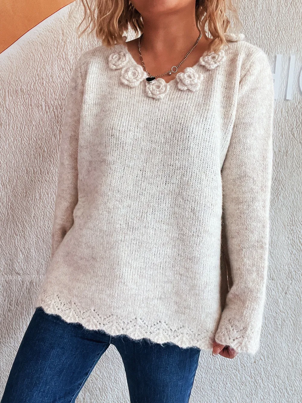 Flower V-Neck Long Sleeve Sweater, image 4
