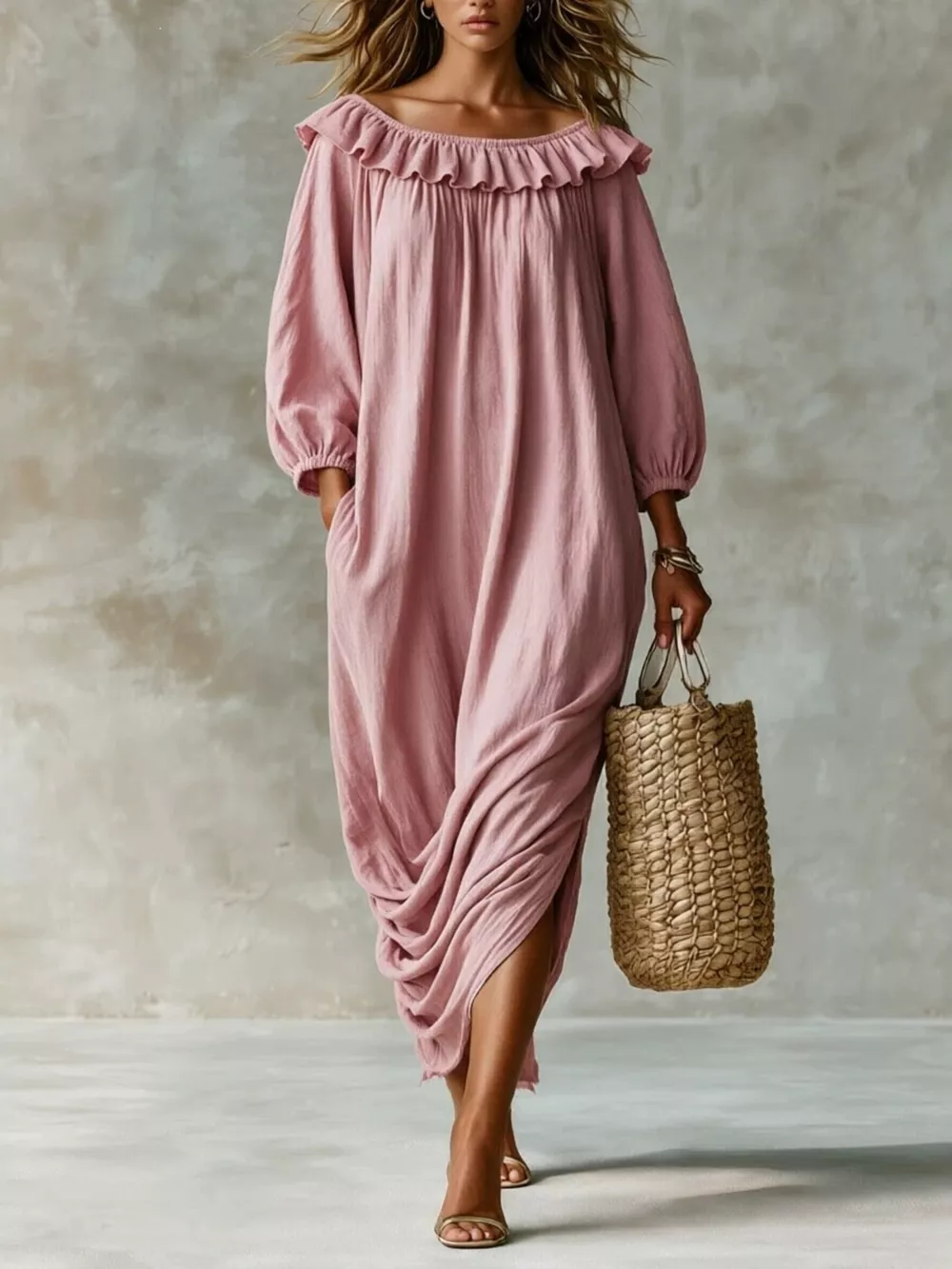 Ruffled Boat Neck Ruched Midi Dress, image 2