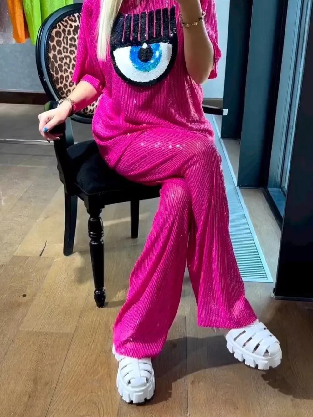 Full Size Eye-Pattern Round Neck Top and Pants Two-Piece Set Plus Size, image 5