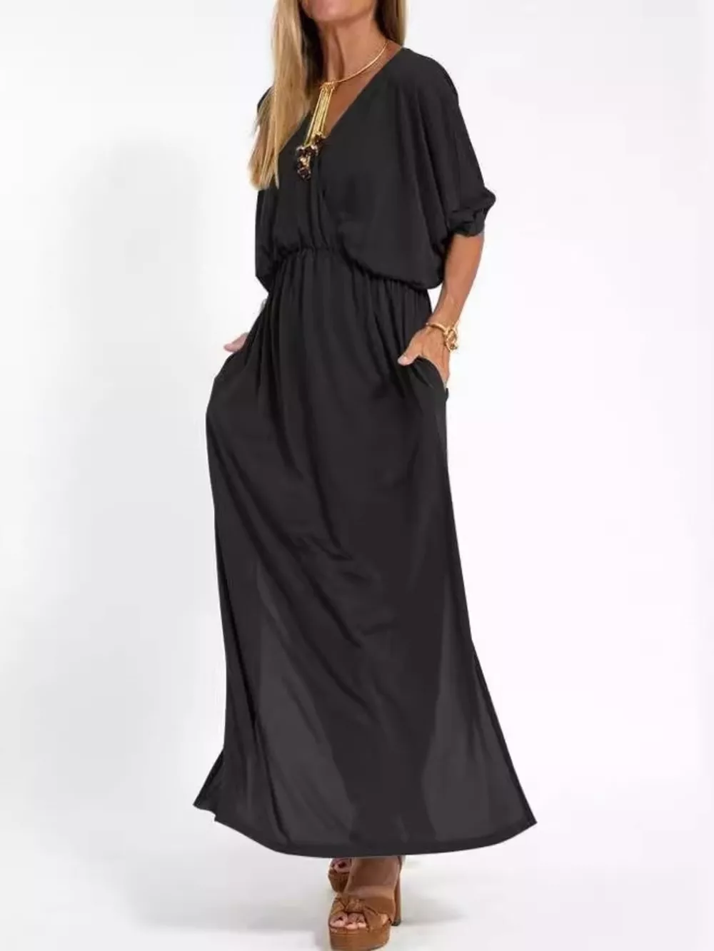 Full Size V-Neck Batwing Sleeve Maxi Dress with Side Slits Plus Size, image 7