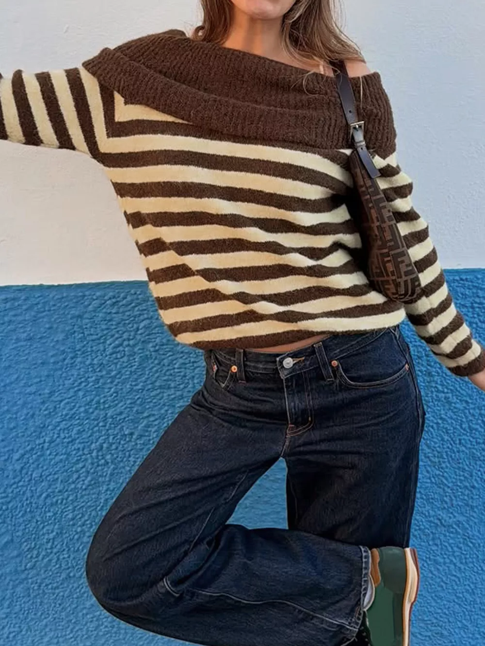 Off-Shoulder Striped Knit Top, image 4