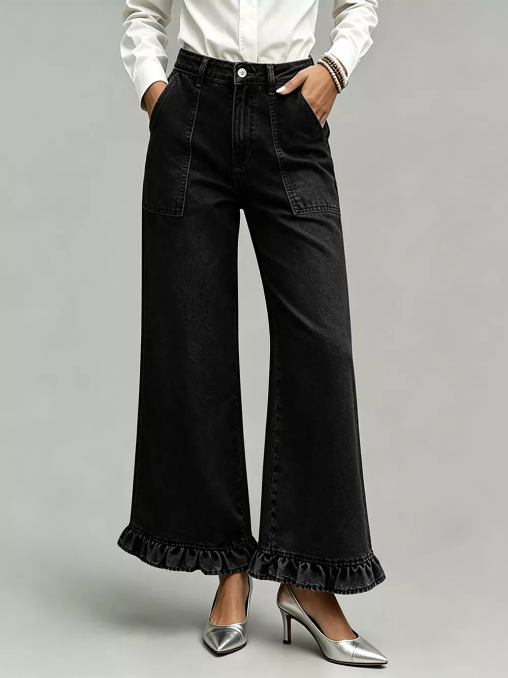 High-Waisted Wide-Leg Ruffle Hem Jeans