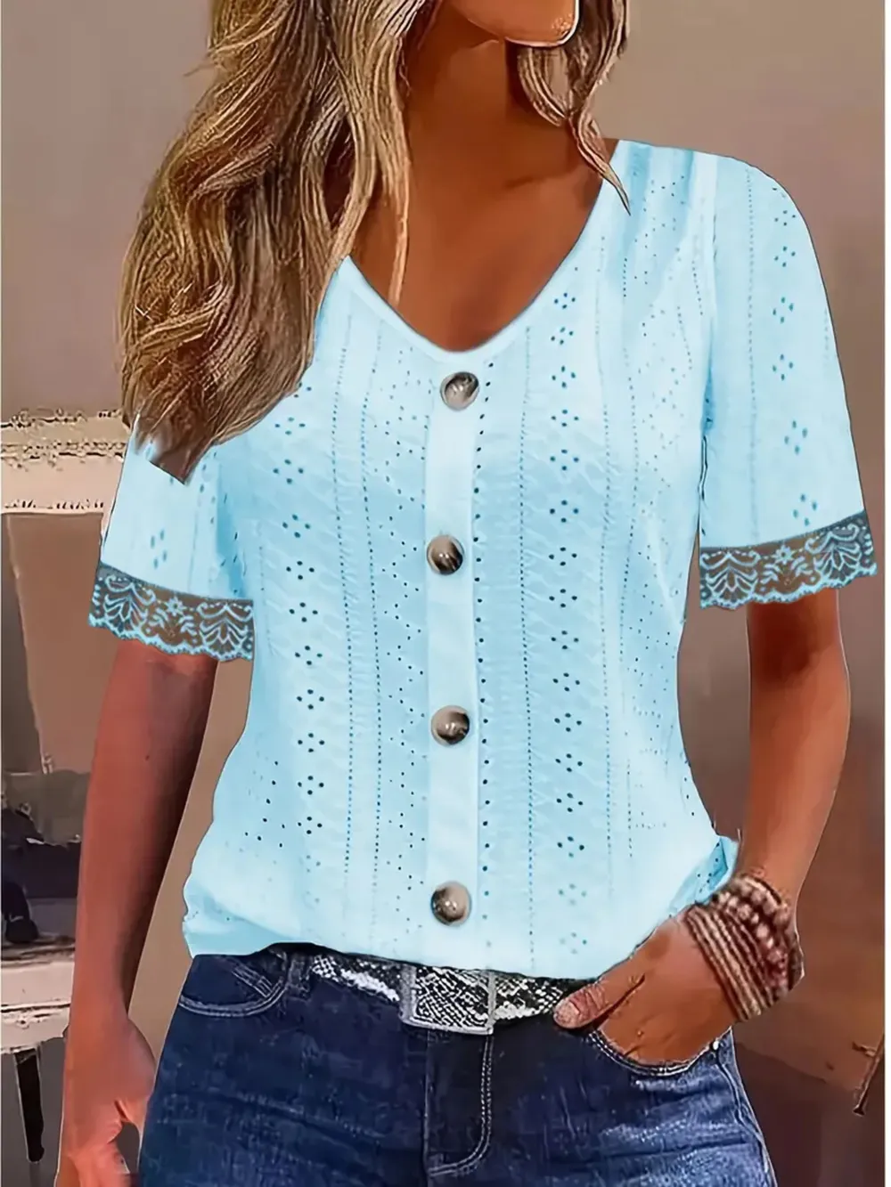 Eyelet Lace Trim Short Sleeve Blouse, image 2