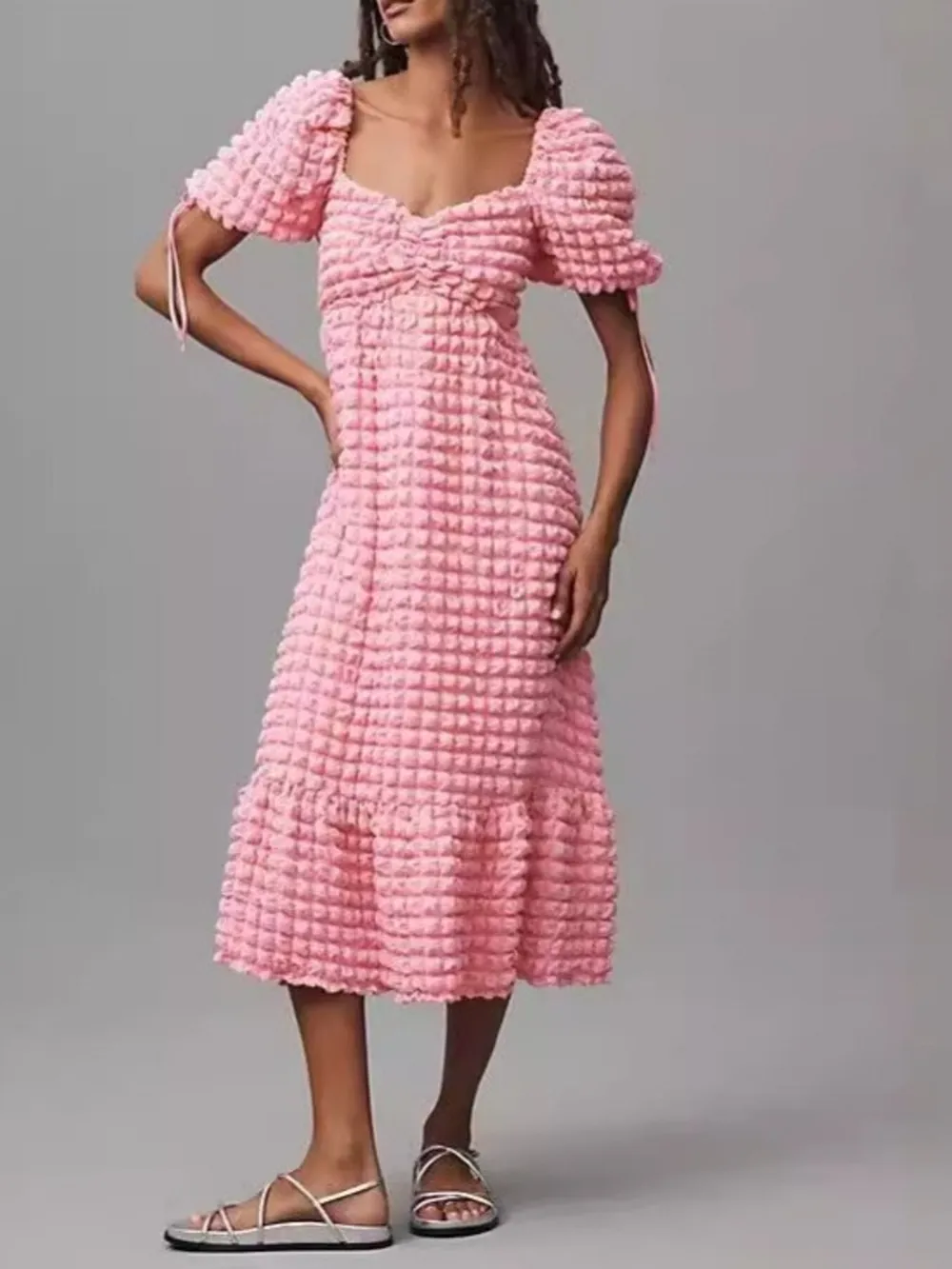 Textured Sweetheart Neck Short Sleeve Dress, image 23