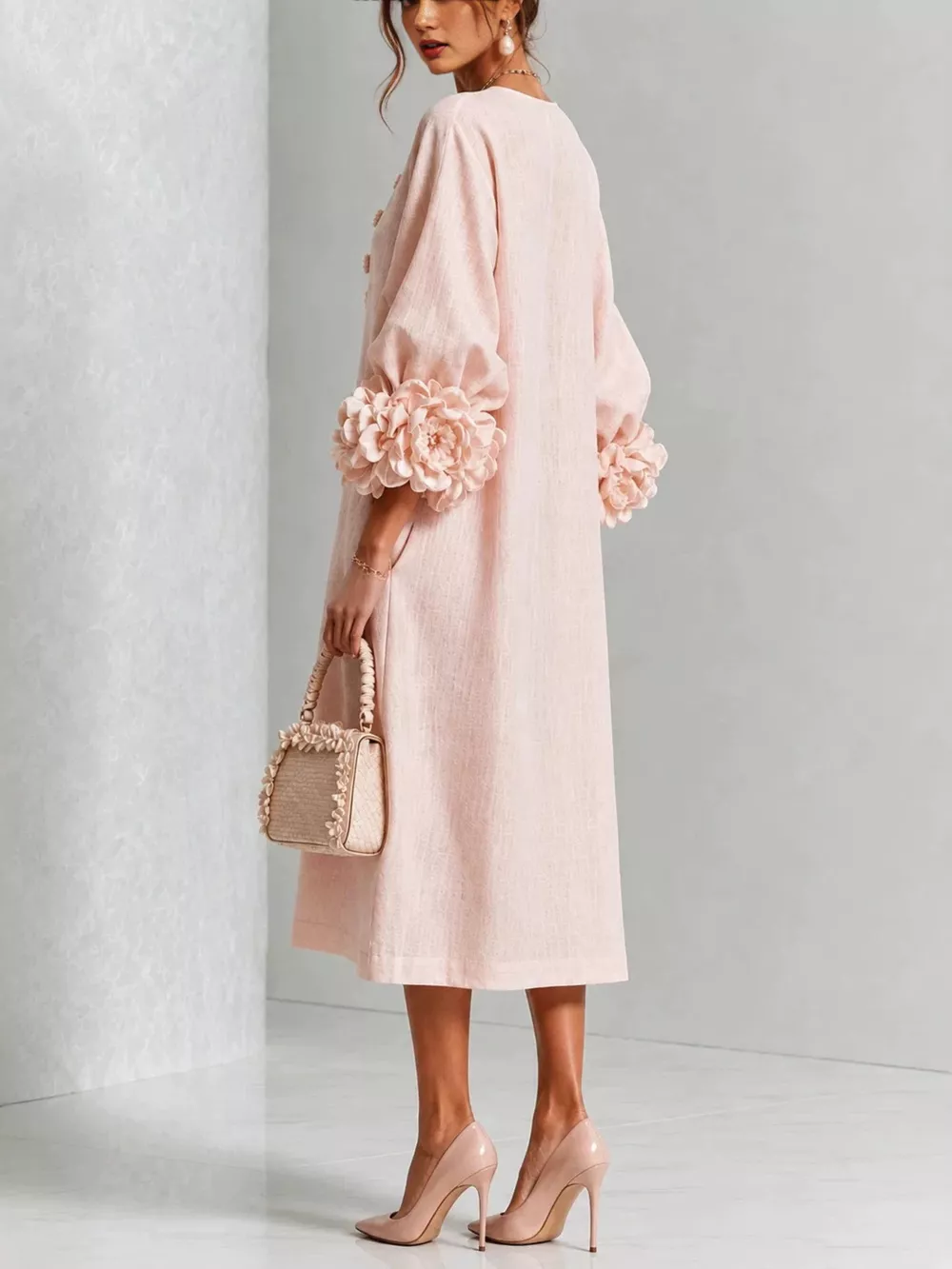 3D Floral Round Neck Midi Dress, image 3