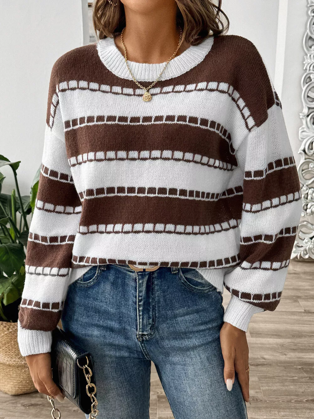 Striped Knit Dropped Shoulder Sweater, image 3