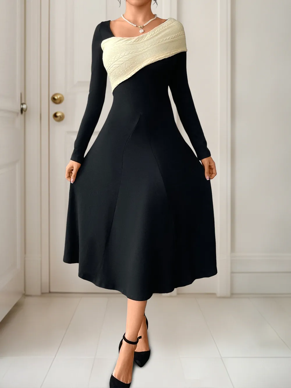 Asymmetrical Contrast Long Sleeve Dress, image 9