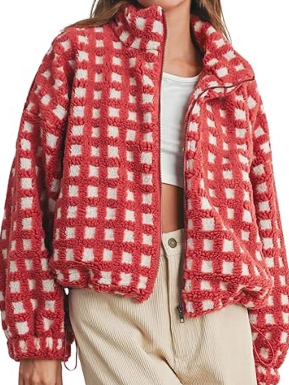 Plaid Zip Up Sherpa Jacket, image 2
