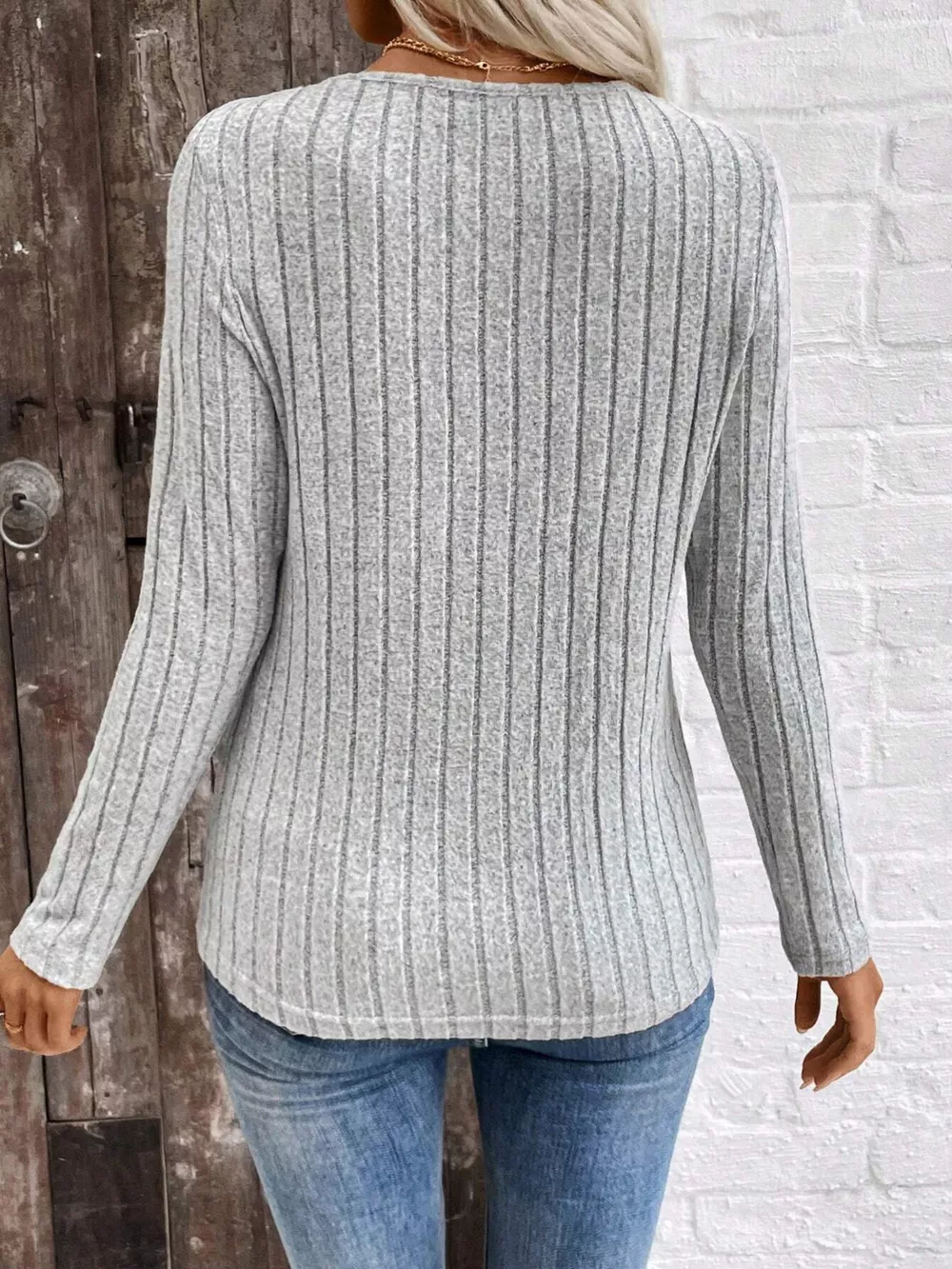 Ribbed V-Neck Long Sleeve T-Shirt, image 5