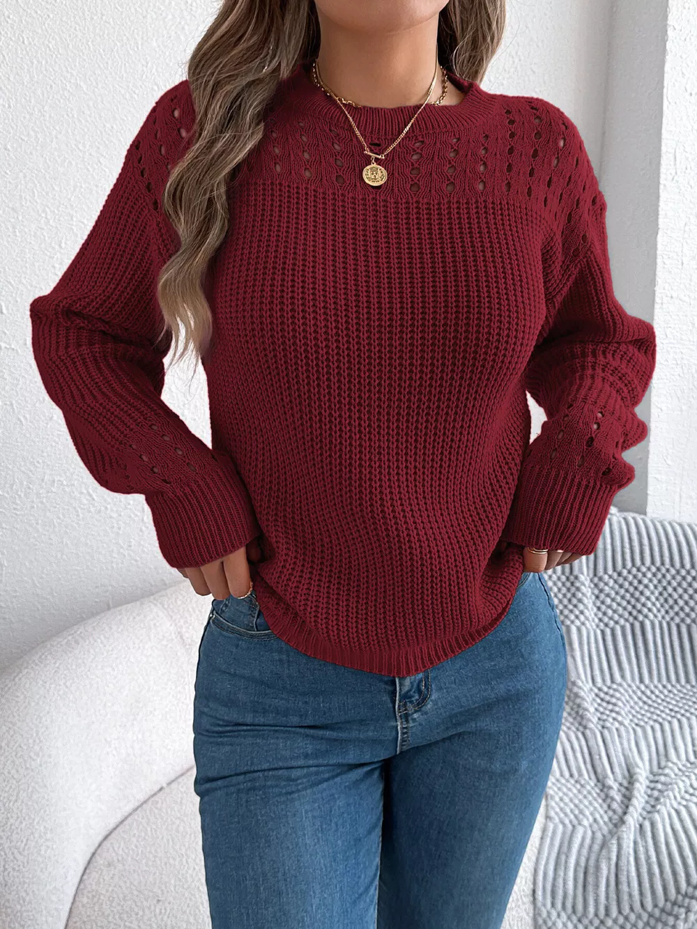Openwork Round Neck Long Sleeve Sweater, image 2