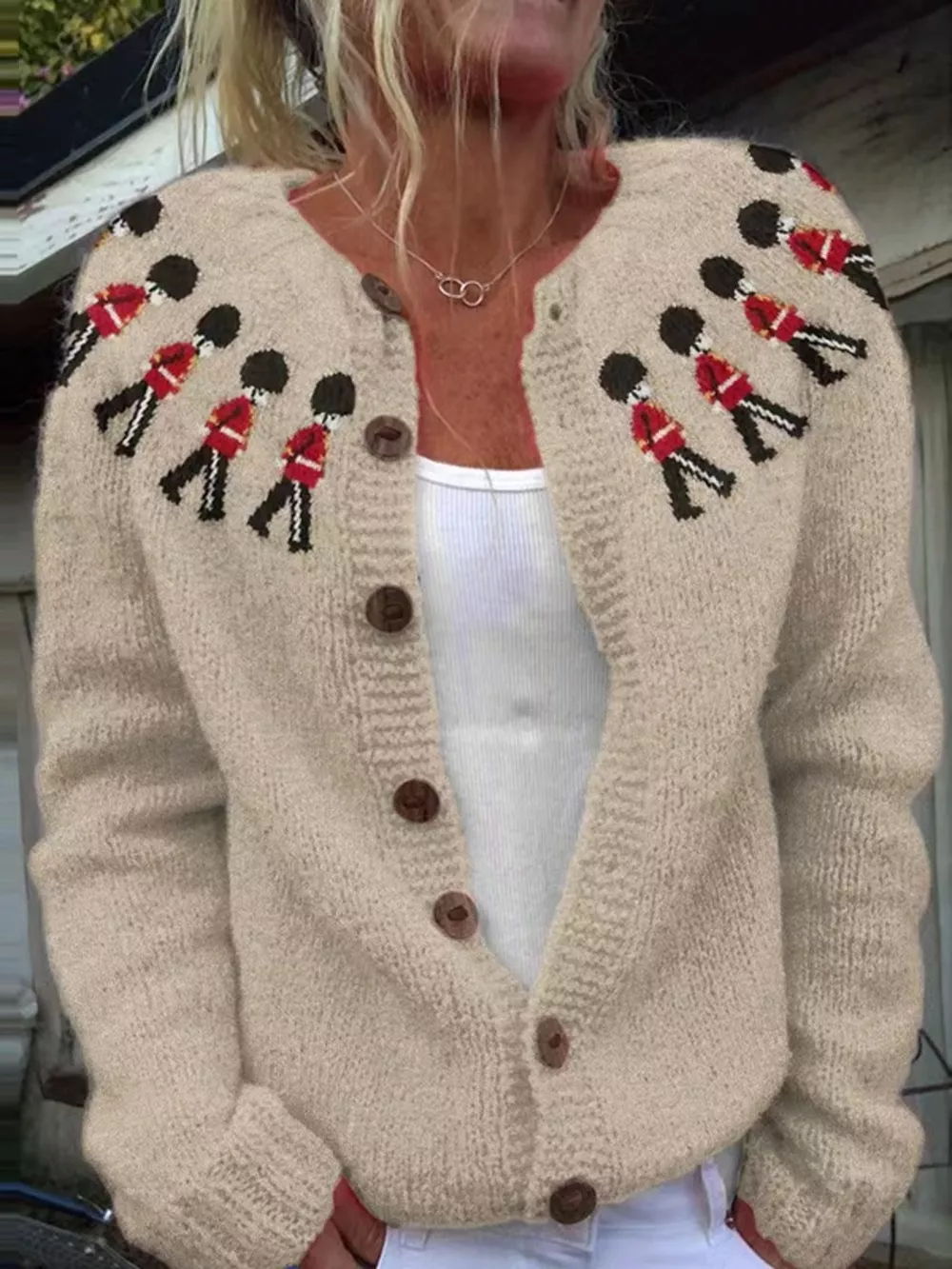 Full Size Vintage British Guard Pattern Knit Cardigan Plus Size