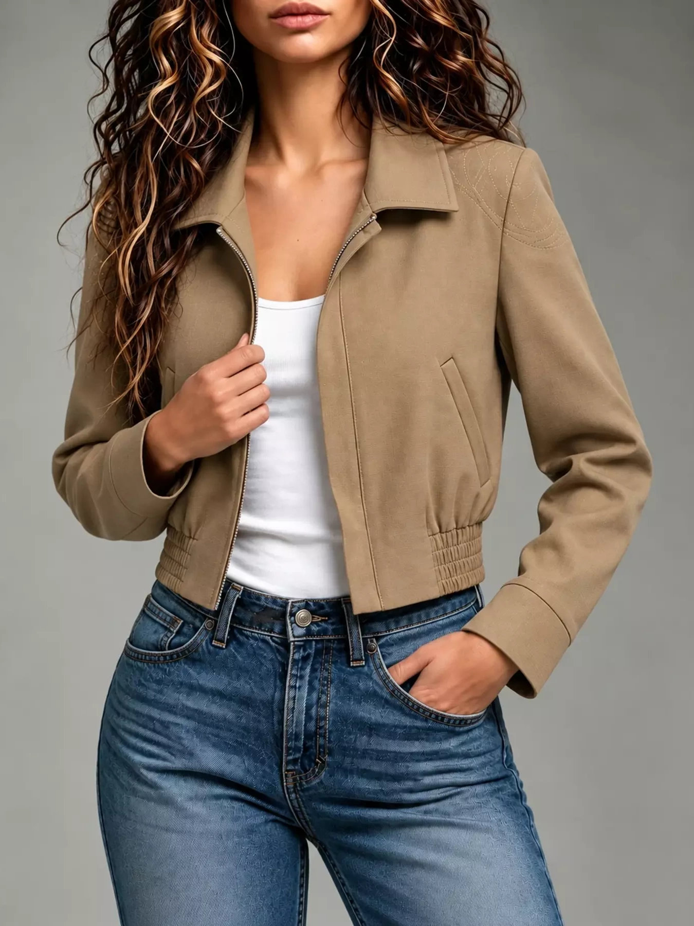 Zip Up Elasticized Hem Cropped Jacket, image 3