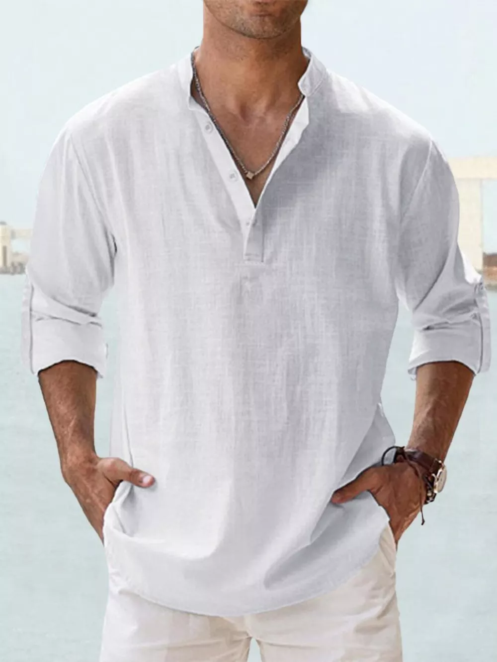 Men's Full Size Casual Button Detail Roll-Up Sleeve Blouse Plus Size, image 10