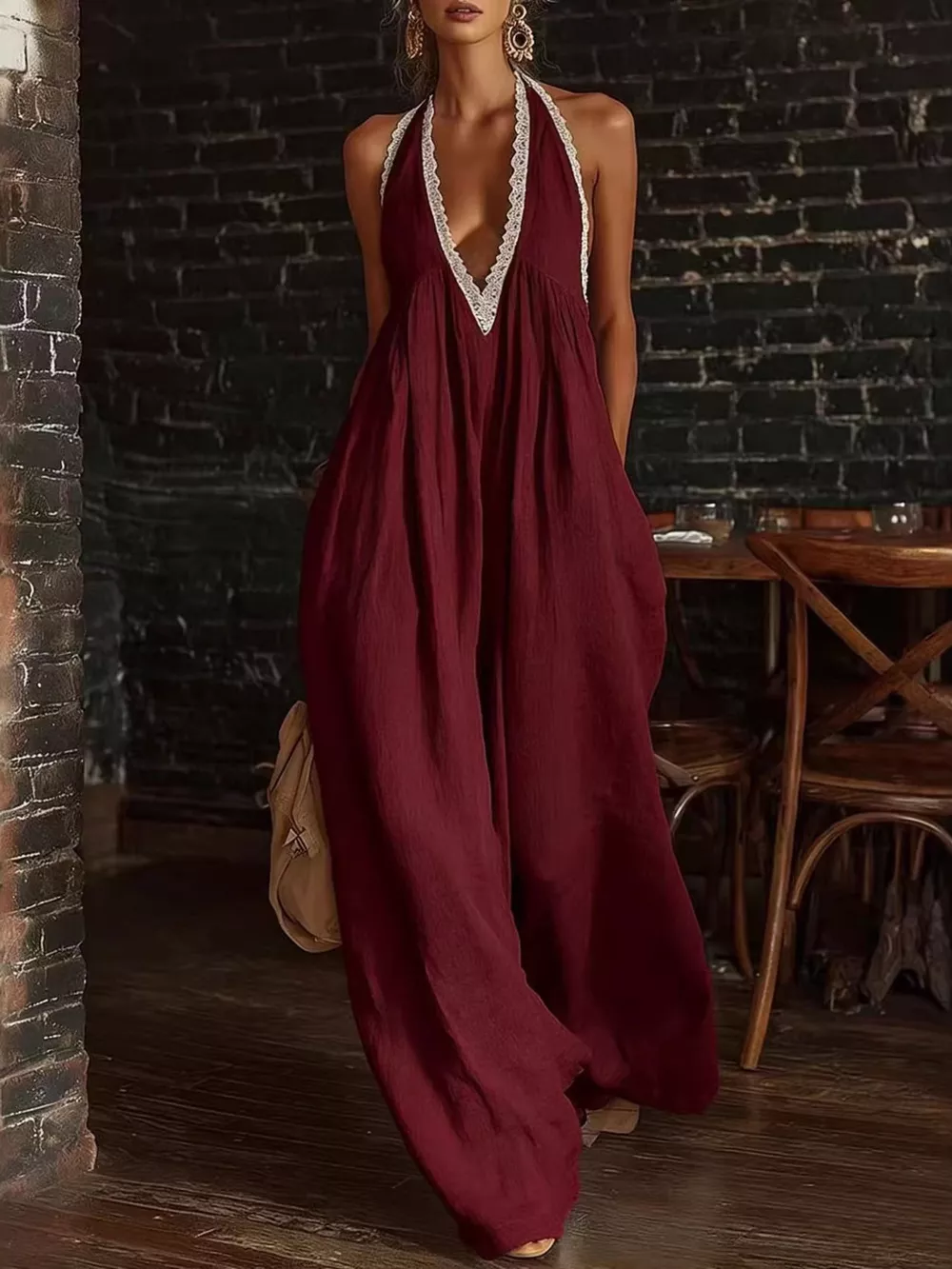 Full Size Halter Neck Lace Trim Wide Leg Jumpsuit Plus Size, image 6