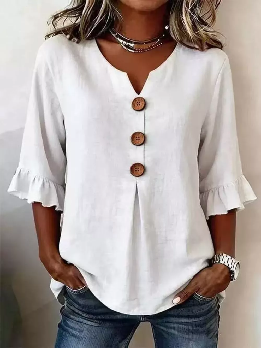 Full Size Casual Ruffle‑Sleeve Decor‑Button Top Plus Size, image 13