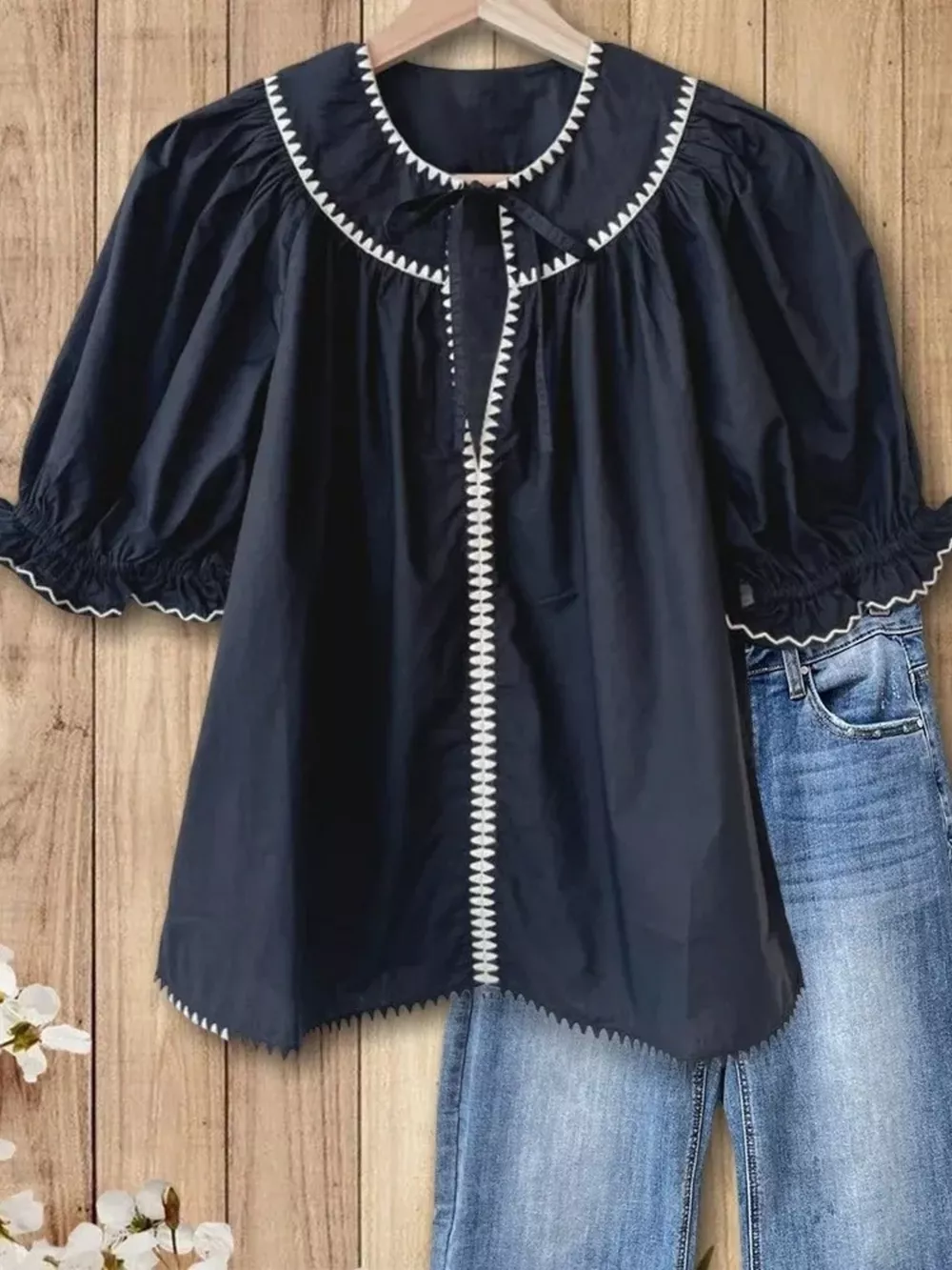 Full Size Tie Neck Short Sleeve Blouse Plus Size, image 2