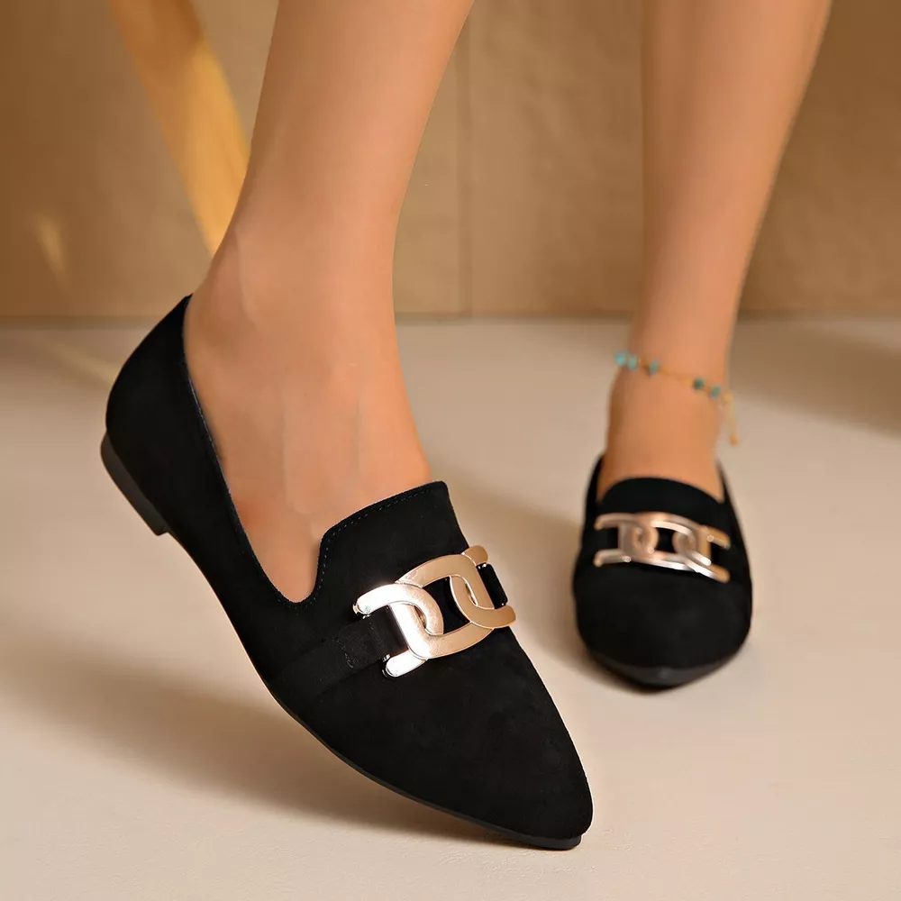 Pointed-Toe Suede Loafers with Metallic Chain Detail, image 6