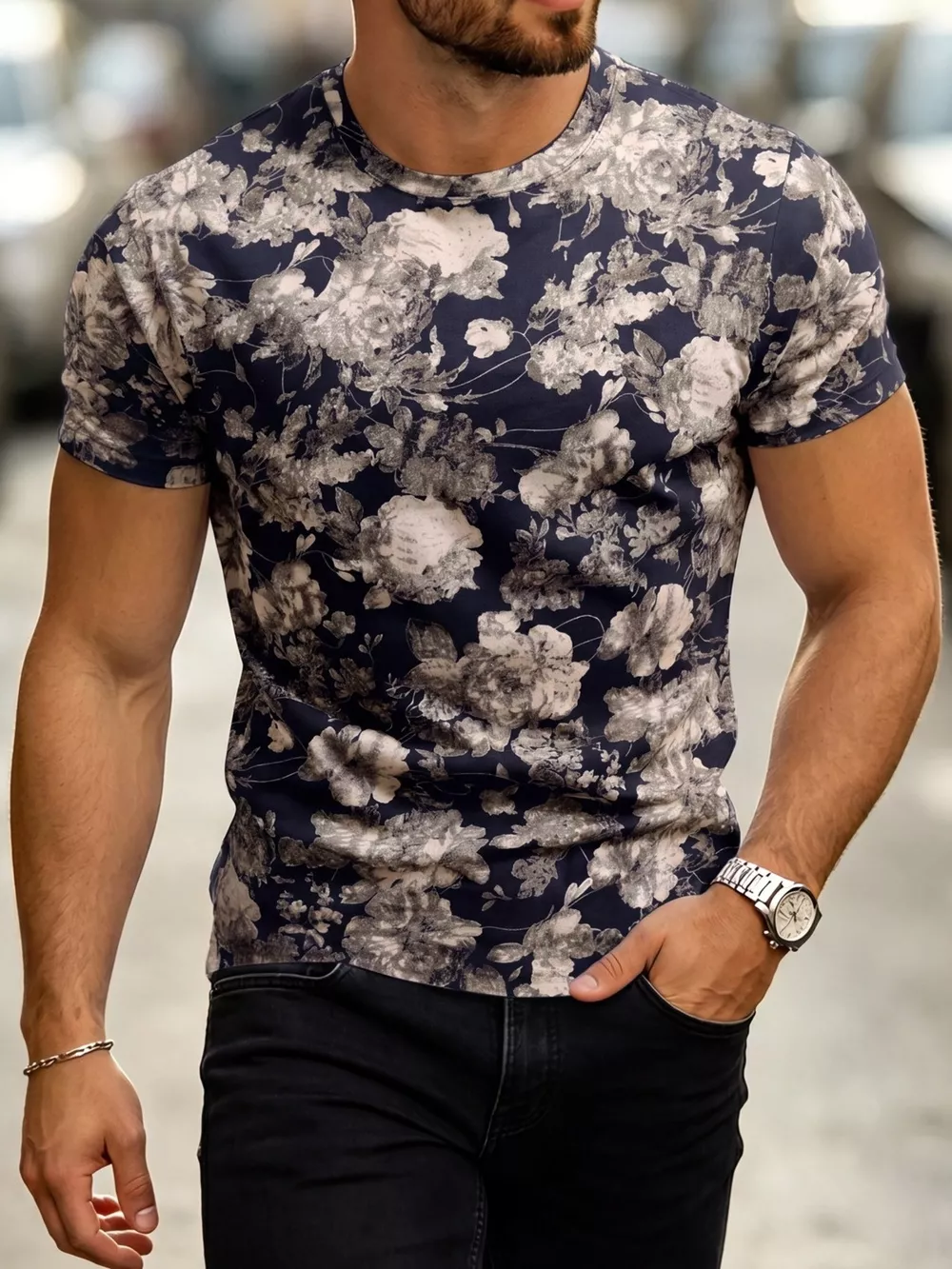 Men's Plus Size Floral Print Slim Fit T-Shirt, image 5