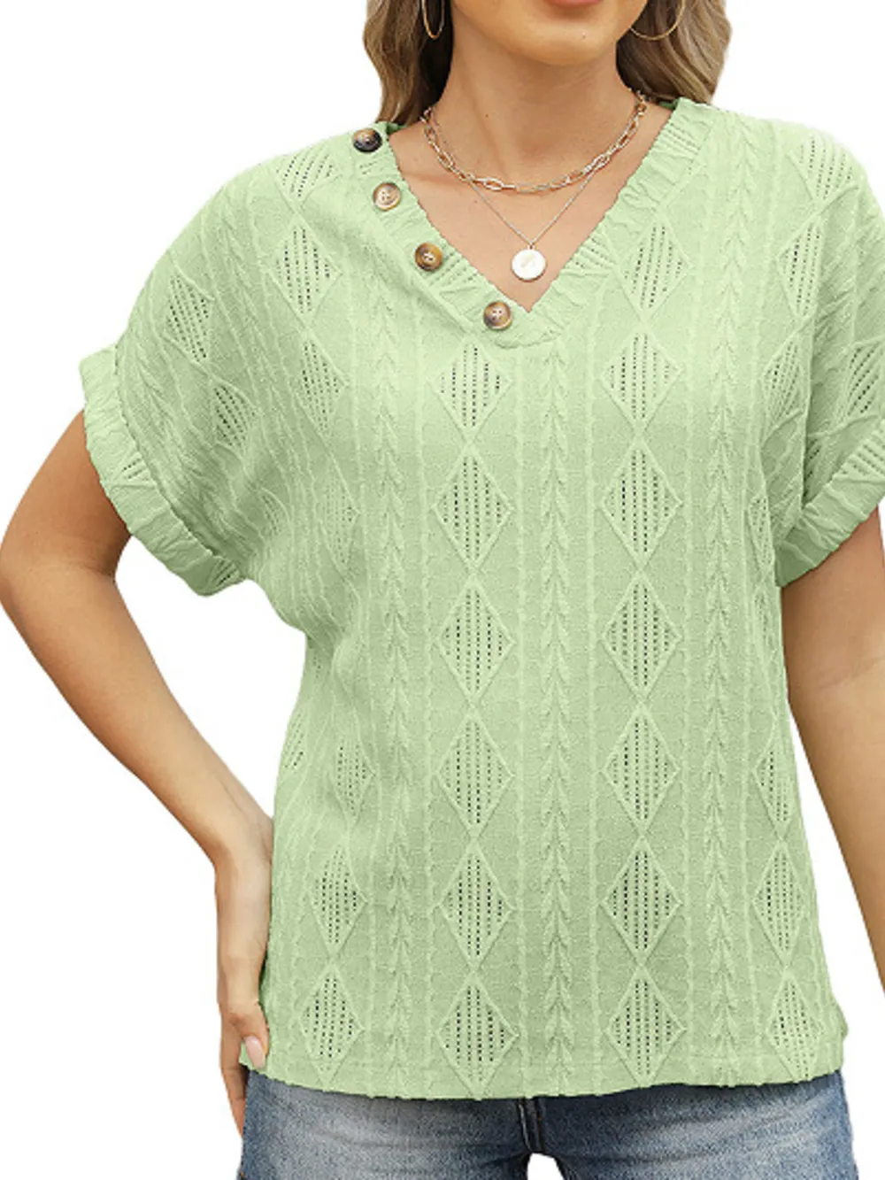 Textured V-Neck Short Sleeve Top, image 25